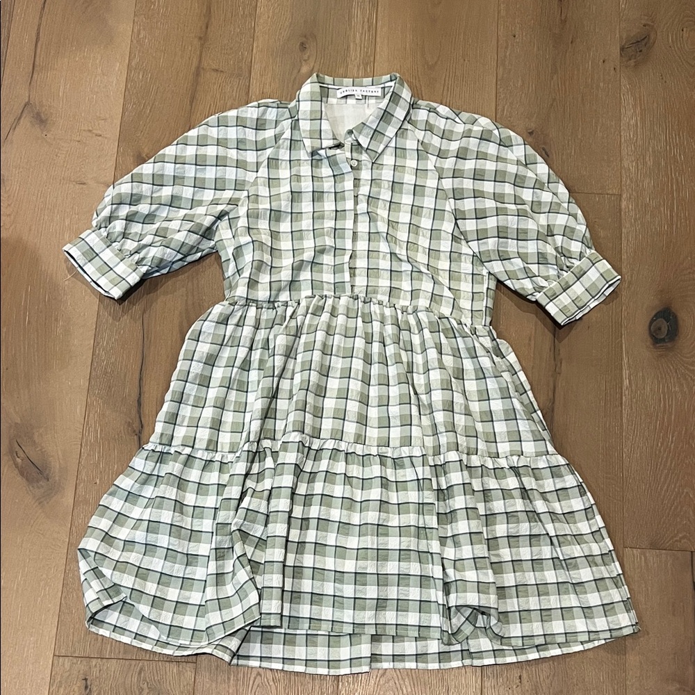 English Factory Green and White Plaid Tiered Shirt Dress